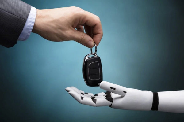 robot AIs hand receiving car keys from a business persons hand